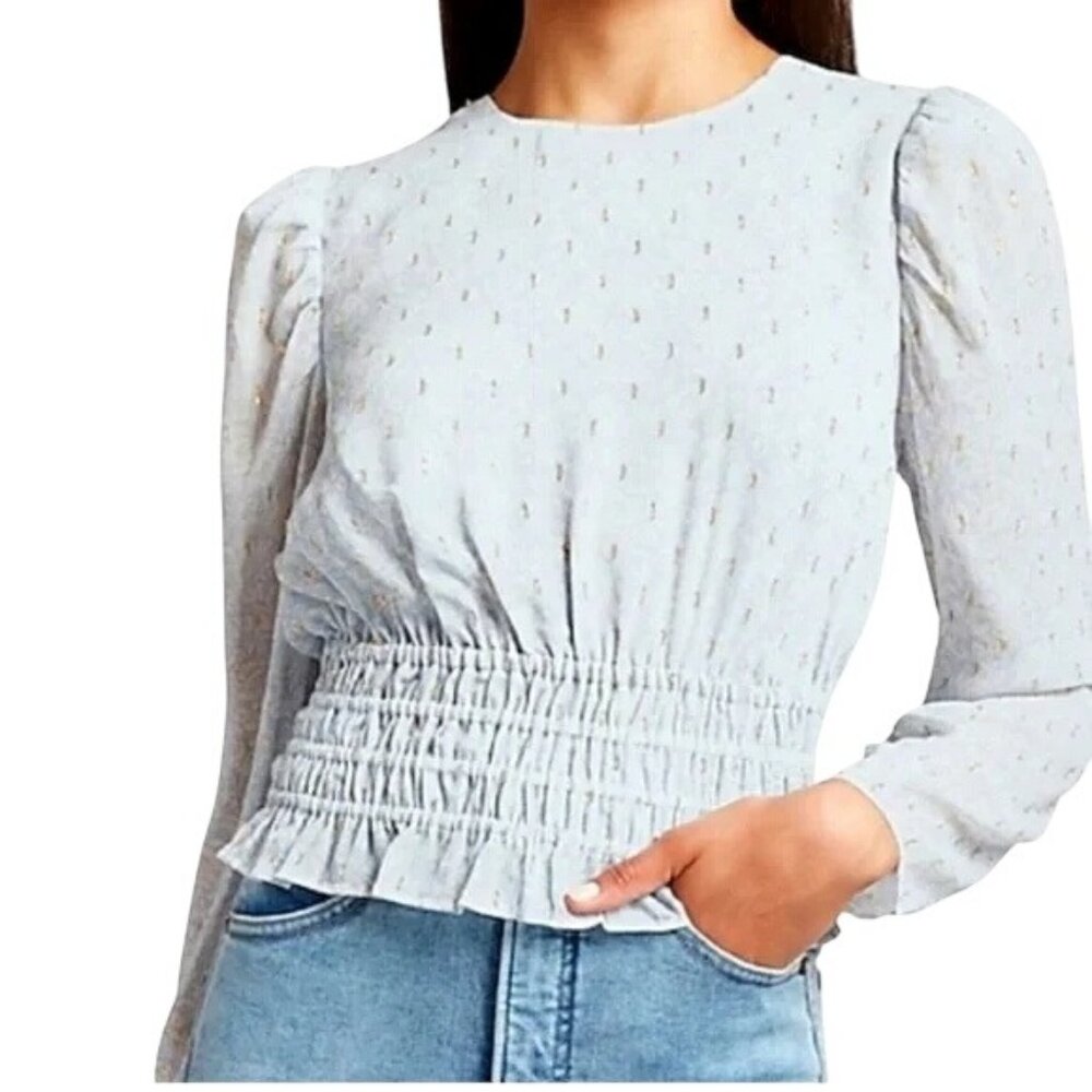 Express Metallic Floral Smocked Waist Top Size Medium Clip Dot Long Sleeve Boho